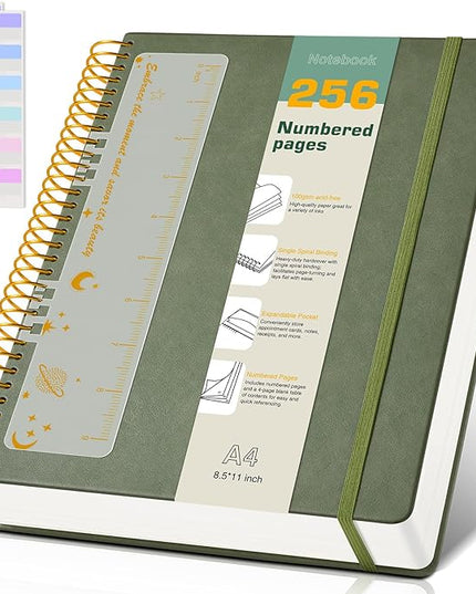 A4 Spiral Notebook Journal 8.5” x 11”, 256 Numbered Pages Hardcover Leather Journals for Women Men, Large Lined College Ruled Notebooks, 100GSM Thick Paper, Spiral Bound Journal for Work School, Green