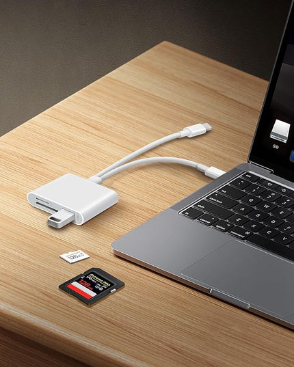 SD Card Reader for iPhone iPad Lightening USB-C Dual Connector Memory Card Adapter with Dual Slots & USB Port Trail Camera Viewer for Mac MacBook Pro/Air/Mini Android Laptop