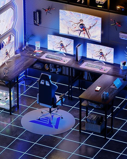 Unikito Reversible L Shaped Desk with Magic Power Outlets and USB Charging Ports, Sturdy Corner Computer Desk with Storage Shelves, Gaming Desk for Home Office, Easy to Assemble, Black Oak