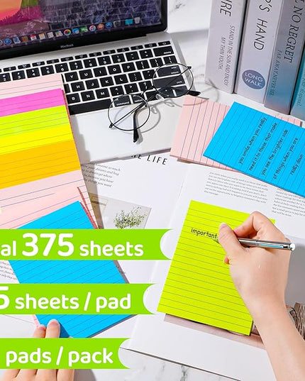 (15 Pads) Lined Sticky Notes 4x6 in Post, 7 Bright Colors with Lines Self-Stick Note Pad it, Strong Adhesive, Big Rectangular Sticky Pads for Office, Home, School, Meeting