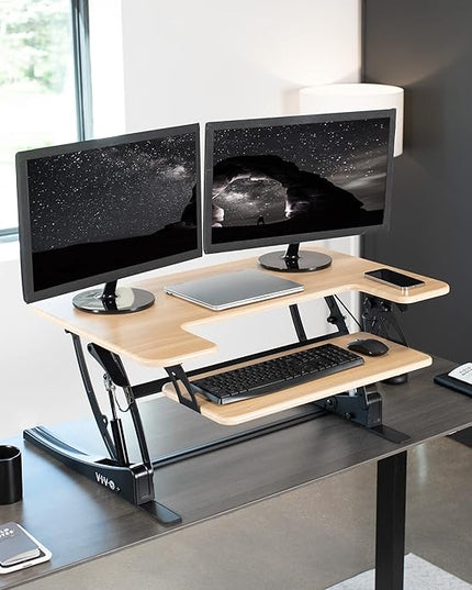 VIVO 36 inch Height Adjustable Stand Up Desk Converter, V Series, Quick Sit to Stand Tabletop Dual Monitor Riser Workstation, Light Wood Top, Black Frame, DESK-V000VO