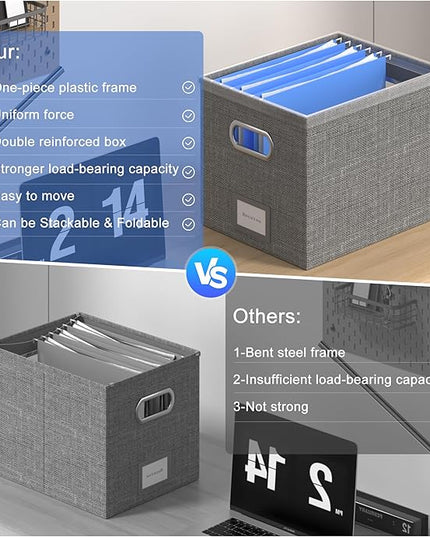 File Organizer Box - File Boxes for Hanging Files with Lid Set of 4 Decorative Hanging Folders Organizer with One-Piece Plastic Frame Slides (Grey, 13.2 * 10.1 * 10.1in(4Pack))