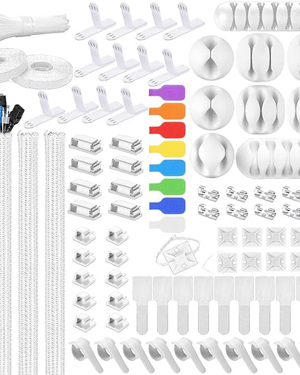 193 PCS Cable Management Kit - 4 Cable Sleeve, 57 Self Adhesive Cable Clips, 12 Hanging Strips, 12 Cable Organizer Straps and 100 Fastening Cable Ties for TV Computer Under Desk (White)