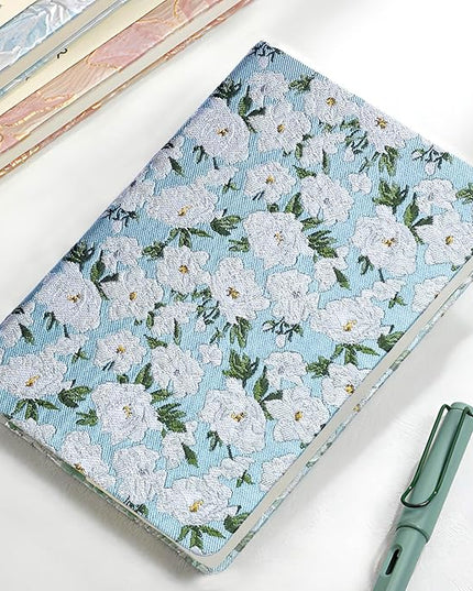 Floral Notebook, Cute Journal, A5, 8x6, Wide Rule, Lined Notebook, Diary for Women, Blue Notebook, Hard Cover Journal Notebooks, Lay Flat, Pretty Notebook, Writing Journal, White Gardenia