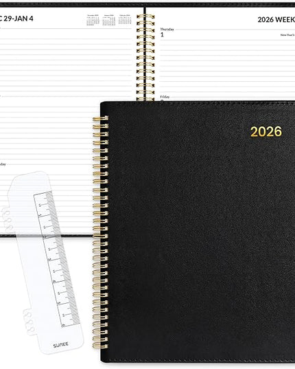 SUNEE 2026 Weekly & Monthly Planner 9"x11.2"- 12 Month (January 2026 - December 2026), Vegan Leather Cover, Pocket, Bookmark, Notes, Monthly Tab, Black