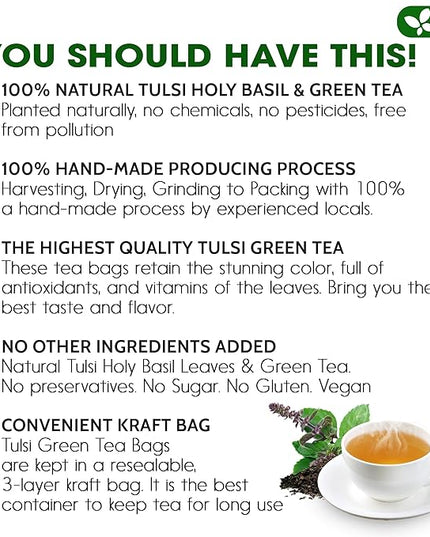 FreshDrinkUS, Premium 135 Tulsi Green Tea Bags, 100% Natural, Blend of Tulsi Holy Basil Leaves, and Green Tea Leaves. Made with Natural Material Tea Bags. No Sugar, Vegan.