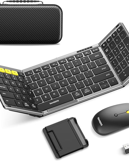 Foldable Keyboard and Mouse, Samsers Folding Bluetooth Keyboard Combo, 2.4G + BT5.0 x 2, Full-Size Portable Travel Keyboard & USB-C Rechargeable Wireless Mouse for Windows Android iOS Mac OS