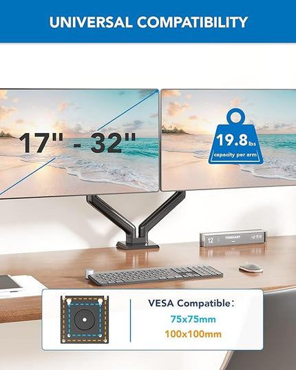 Mount-It! Full Motion Dual Monitor Mount with Spring Arms, 17" to 32", Full Motion Monitor Arm with Tilt, Rotation, Swivel, Height Adjustment, Clamp or Grommet, Fits VESA 75x75 and 100x100 - Black