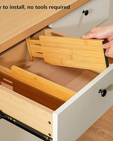 Fabsome Dresser Drawer Organizers 6 Pack, 4.65'' High Adjustable from 12.5-17‘’ Bamboo Drawer Dividers for Clothing Baby Clothes, Wooden Separators for Dresser Nursery Organization with Soft Foam Ends