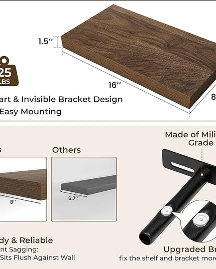 RICHFOCUS 16Inch Floating Shelves for Wall 2 Pack Shelves for Bedroom|Kitchen|Bathroom Wall Mounted Rustic Wood Floating Shelf with Invisible Brackets for Books|Storage|Decor, Walnut