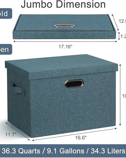 Large 17" 36 Quart Collapsible Stackable Storage Bins with Lids, 3 Packs Blue-Green Linen Fabric Closet Boxes with Lids, Storage Cube Baskets Container Organizers for Bedroom (17x12x11)