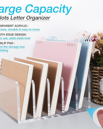 Acrylic Mail Organizer File Holder for Desk, 5 Compartments Clear Desk Organizer Desktop Vertical Letter Sorter for Envelopes, Bill, Document, Notebook,Countertop Folder for Office, Home & School,1 PC