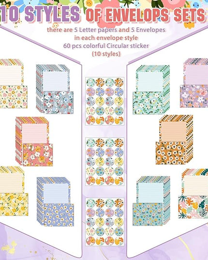 TaoBary 160 Pcs Stationery Paper Set 50 Double Sided Stationery Papers with 50 Matching Envelopes and 60 Round Dot Sticker, 10 Design(Kawaii,5.5 x 8.25 Inch)