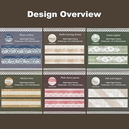 AuriicLeaf Lace Pattern Washi Tape Set, 6 Rolls Japanese Paper Decorative Stickers with 1 Clip, Lace Fabric for Scrapbooking, Journaling, Craft Supplies, 1.57in x 79in