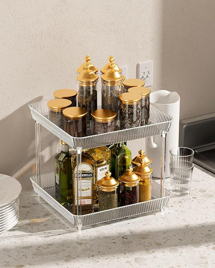 2 Tier Lazy Susan Bathroom Countertop Organizer, 360° Clear Rotating Square Storage Tray, Cosmetics and Perfume Organizer, Spinning Storage Tray Vanity Organizer Shelf for Bathroom Cabinet, Kitchen