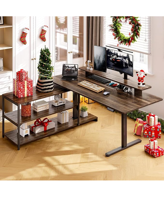 ONBRILL L Shaped Standing Desk with File Cabinet, 63x24'' Electric Stand Up Desk with Monitor and Storage Shelf, Adjustable Height 28-46'' for Home and Computer Workstation, Walnut