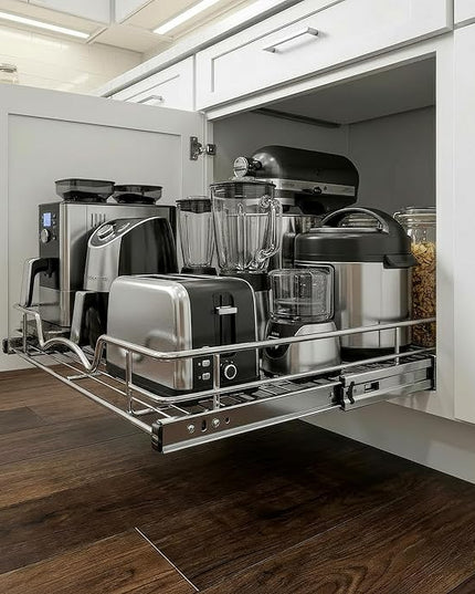 HOLD N' STORAGE Pull Out Cabinet Organizer, Heavy Duty-w/Lifetime Limited Warranty -11”W x 17”D-Requires At Least 12-1/4” Cabinet Opening, Steel Metal Cabinet Drawers Slide Out, Chrome Finish