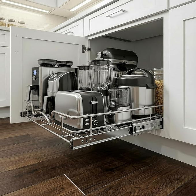 HOLD N' STORAGE Pull Out Cabinet Organizer, Heavy Duty-w/Lifetime Limited Warranty -11”W x 17”D-Requires At Least 12-1/4” Cabinet Opening, Steel Metal Cabinet Drawers Slide Out, Chrome Finish