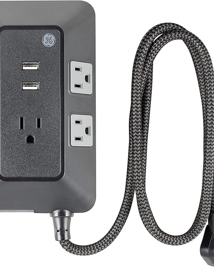 GE UltraPro Adapt 5-Outlet Surge Protector with USB Ports, 2 USB-A Ports, 2.4A, 3ft Braided Cord Power Strip Surge Protector, 560 Joules, Black, 73777