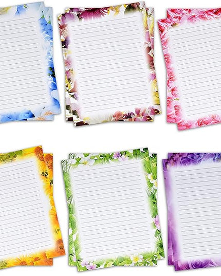 Gift Boutique 120 Pack Floral Lined Stationery Paper Letterhead Sheets, 8.5" X 11", 6 Flower Designs, Double Sided, Writing Printing Crafting Supplies
