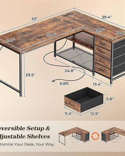 PRAISUN 53" L Shaped Desk with Power Outlets and USB-C Port, Reversible Computer Corner Office Desk with 4 Fabric Drawers and 2 Height-Adjustable Shelves, Large for Gaming Writing Study, Rustic Brown