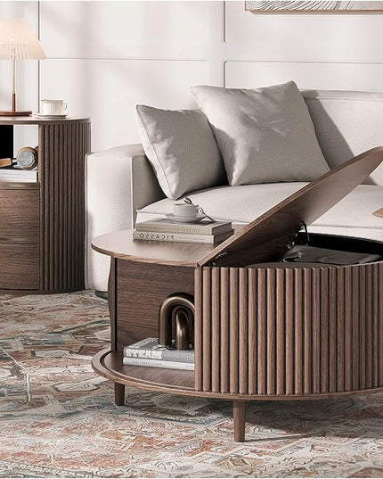 JOINICE Round Coffee Table and End Table Set,31.5" Mid Century Modern Living Room Furniture, Walnut Fluted Center Table with Storage & Matching Side Table for Small Space