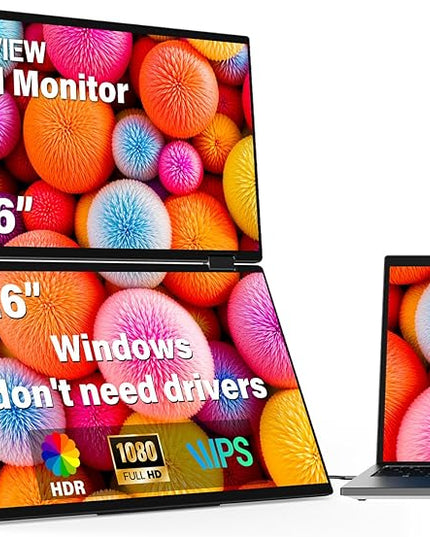 InnoView 15.6" FHD Dual Portable Monitor | All-in-One Foldable & Stackable Design | 315° Screen Adjustment & 180° Stand | USB-C/HDMI Travel Monitor for Laptop, Mac, Windows