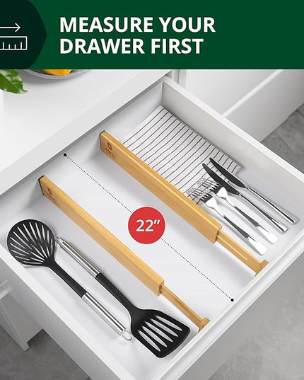 Drawer Divider and Organizer for Kitchen Organization - Adjustable Bamboo Drawer Dividers Organizers (17 - 22") - 4-Pack Expandable Drawer Organization Separators for Kitchen, Bedroom & More, Natural