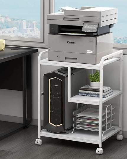 Large Printer Stand Table with Storage Shelf for Host Computer, PC Tower, CPU and Shredder, 3 Tier Rolling Printer Cart with Wheels for Home Office Storage and Organization - White