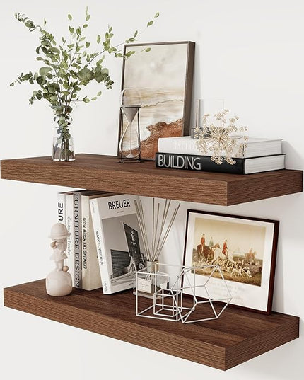 Fun Memories 30 Inch Floating Shelves, 12 Inch Deep Floating Shelf for Wall, Rustic Deep Shelves for Books, Bathroom, Living Room, Kitchen, 30 x 12 x 2 Wood Floating Shelves, Walnut Color, Set of 2