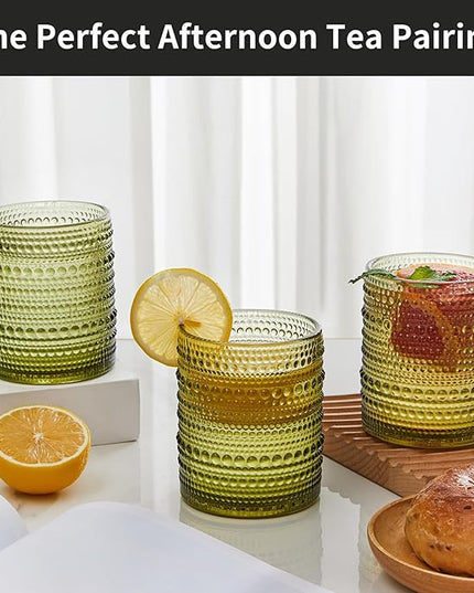 Vintage Hobnail Drinking Glasses Set of 12 (15oz) – Embossed Green Textured Tumblers, Non-Slip, Dishwasher Safe for Cocktails, Whiskey, Bar & Kitchen Cups