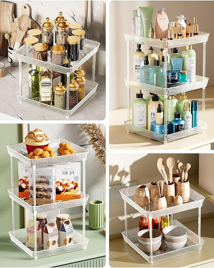 2 Tier Lazy Susan Bathroom Countertop Organizer, 360° Clear Rotating Square Storage Tray, Cosmetics and Perfume Organizer, Spinning Storage Tray Vanity Organizer Shelf for Bathroom Cabinet, Kitchen