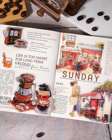 AuriicLeaf Coffee Memories PET Stickers, 120 PCS Vintage Cafe Scene Stickers for Scrapbook, Journals, Planners and DIY Craft Decoration