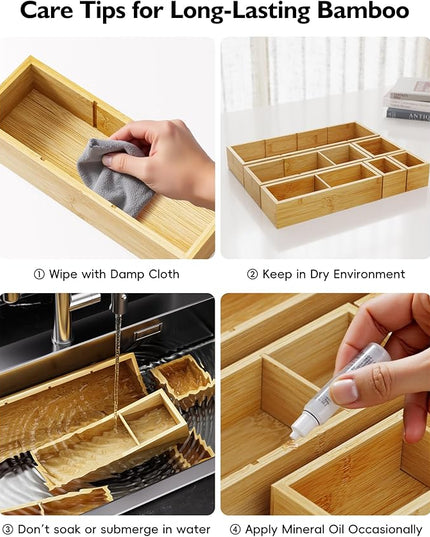 12-Piece Bamboo Desk Drawer Organizer Tray – Adjustable Storage Boxes with 24 Adjustable Compartments for Office Drawer, Jewelry, Vanity & Desk Accessories