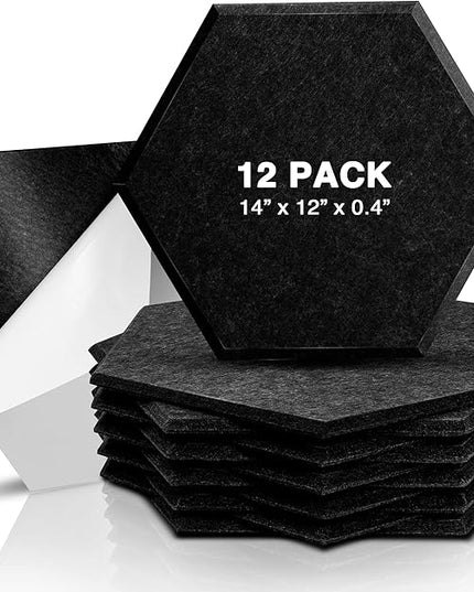 Sonic Acoustics Self-Adhesive 12 Pack Hexagon Acoustic Panels, 14" X 12" X 0.4" High Density Sound Absorbing Panels Sound Proof Insulation Beveled Edge Studio Treatment Tiles-Black