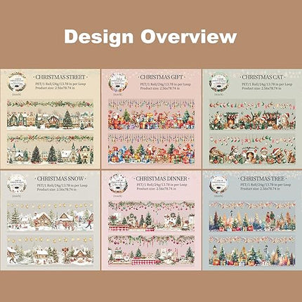 AuriicLeaf Christmas PET Tape Set - Seamless Loop Design with Snowy Villages, Festive Cats and Holiday Scenes, Includes Decorative Clip, Self-Adhesive Rolls for Scrapbook, Journal and DIY Decor