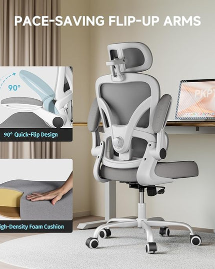 Ergonomic Office Chair, 330LBS Desk Chair with 3-Level Lumbar Support & Headrest, Breathable Mesh Backrest, Flip-Up Armrests for Home Office and Gaming, White and Gray