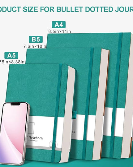 AHGXG Bullet Dotted Journal - Large A4 Notebook Dotted, 8.5''×11'', 320 Pages Dot Grid Notebook, 100gsm Thick Paper, Leather Softcover, with Journal Stencils, Inner Pocket - Cyan
