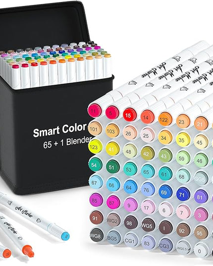 ChicRosa Art Markers, 65 Coloring Markers and 1 Blender, 66 Pack Alcohol Based Dual Tip Permanent Markers Highlighters with Case, Excellent for Adults Kids Coloring Marking Drawing Sketching (Black)