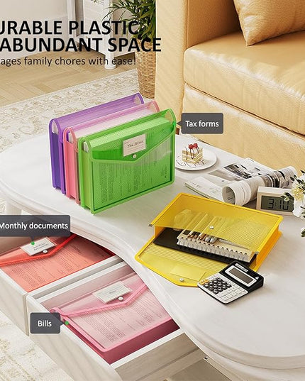 ThinkTex Plastic Expanding File Folder, Transparent Envelopes with Snap Closure,Suitable for Home, Office, School and Hospital, Large Capacity，No Dividers, Dopamine-5-Color, Fit Letter/A4 Size-5 Pcs