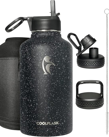 Coolflask 64 oz Insulated Water Bottle with Straw&3 Lids, Half Gallon Insulated Water Jug Galaxy Large Metal Stainless Steel Flask for Gym, Sports and Office, Keep Cold 48H Hot 24H, Starry Night