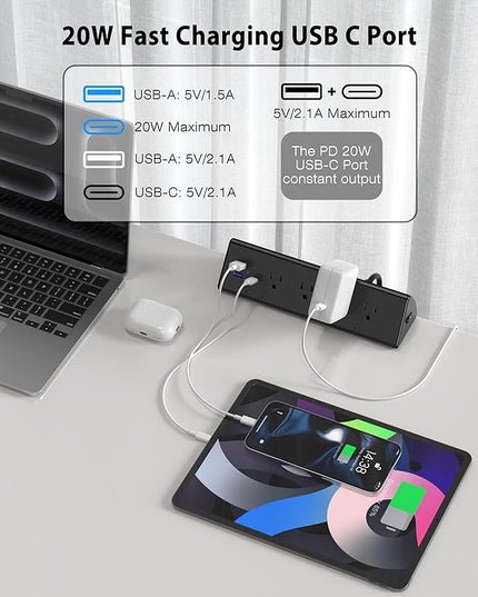 Jgstkcity Desk Clamp Power Strip,20W Fast Charging Station,Surge Protector Nightstand Edge Mount,1875W Extension Cord with Multiple Outlets,2 USB-C,2 USB-A,for Home Office (Black, 2PCS-6 FT)