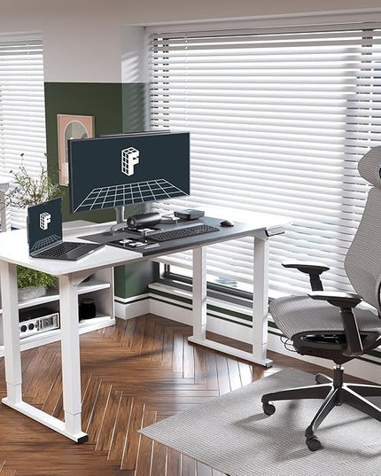 FLEXISPOT 4 Legs Standing Desk 63 x 28 Inch Electric Adjustable Height Desk with Splice Board Home Office Sit Stand Up Desk, White Top + White Frame