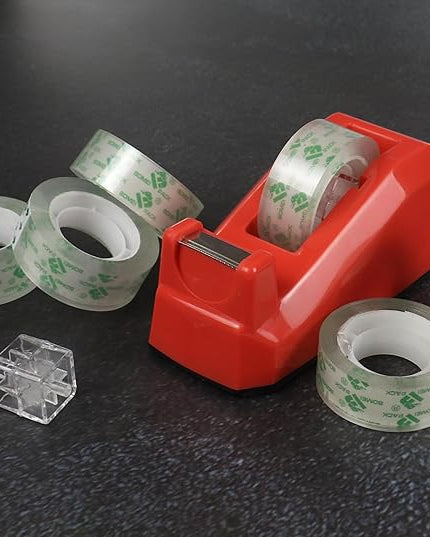 BOMEI PACK Cute Red Desk Tape Dispensers, 1 Pack with 12Rolls Transparent Tape, 1 Inch Core, for School, Office and Home DIY