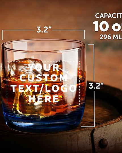 DISCOUNT PROMOS Custom Whiskey Glasses 10 oz Set of 10/50/100, Personalized Bulk Pack - Heavy Base Old Fashioned Glass, Perfect for Scotch, Bourbon, Whiskey, Cocktail - Blue Bottom Color