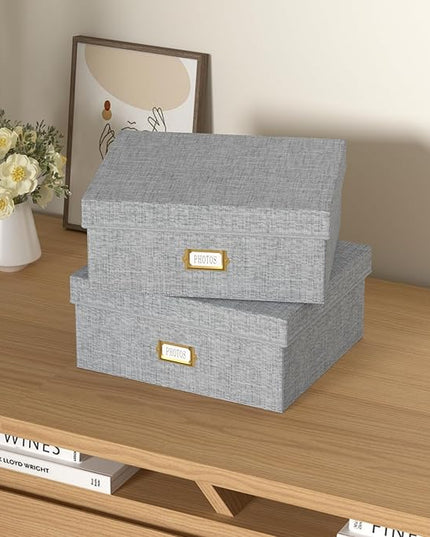 Decorative Photo Storage Box - 2 Pack Linen Photo Box Organizer with Dividers, Fits Holds Up to 1700 Pictures and 4x6 Photos, Memory Keepsake Organizer for Scrapbook Supplies, Cards, Stamps (Grey)