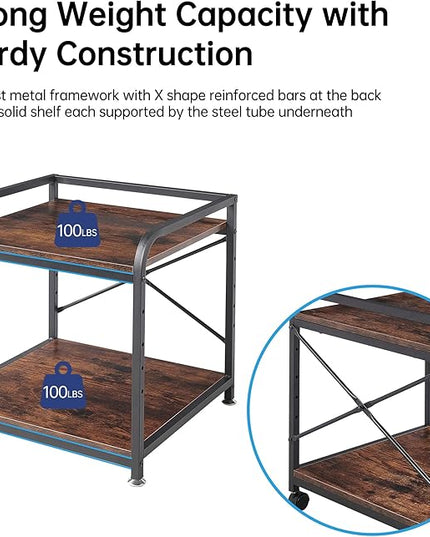 Under Desk Printer Stand, 20 Inches Deep Large Printer Table with Height Adjustable Storage Shelf, 2 Tier Rolling Printer Cart with Wheels for Home Office - Rustic Brown