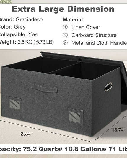 75 Quarts Extra Large Decorative Storage Bins with Lids, 3 Packs Dark Gray Collapsible Storage Bins with Lids, Stackable Storage Bins Decorative Box Storage With Lid Extra Large