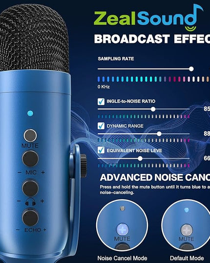ZealSound Podcast Microphone for PC, Noise Cancellation USB Mic with Gain, Volume Adjustment & Mute Button, Monitoring & Echo, for YouTube, TikTok, Podcasting, Streaming, iPhone, iPad, Android(Blue)