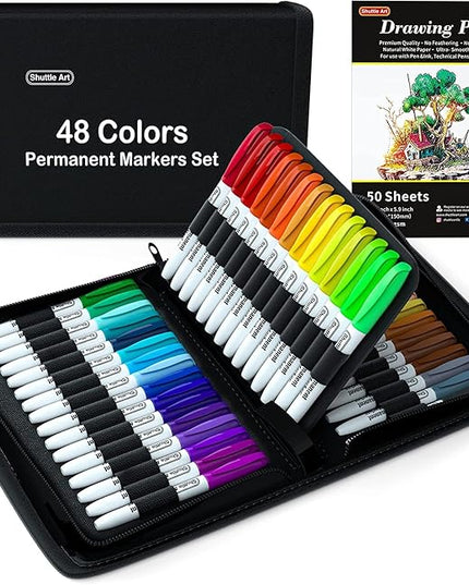 Shuttle Art Permanent Markers, 48 Colors Fine Point, Assorted Colors with Travel Case, Ideal for Adults Coloring Doodling on Plastic, Glass, Wood and Stone, Gift for Kids